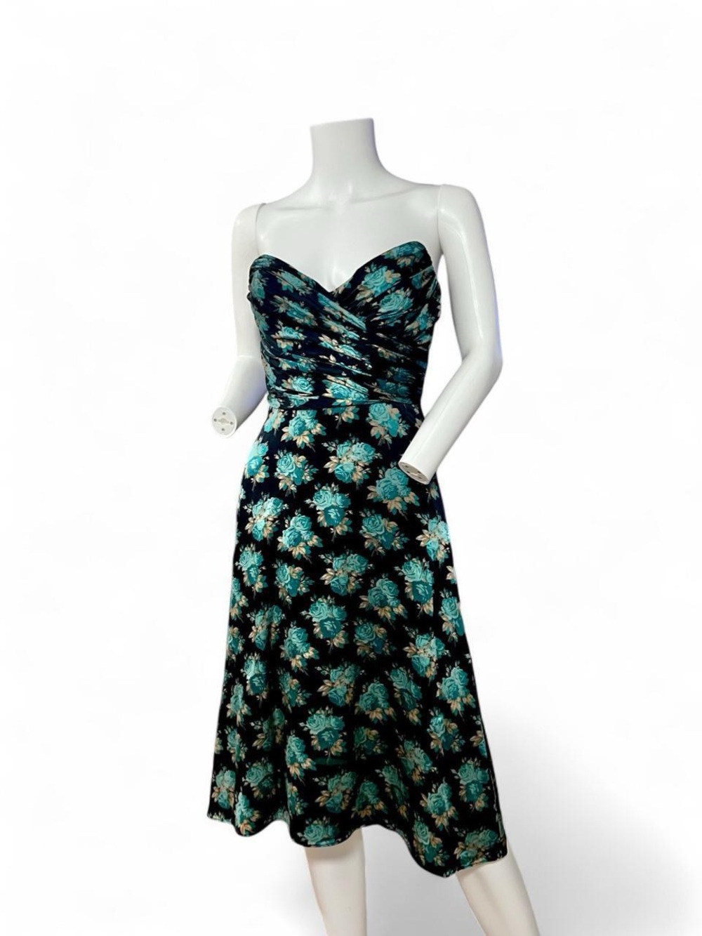 Betsey Johnson Black Strapless Floral Midi Dress with Teal & Cream Accents